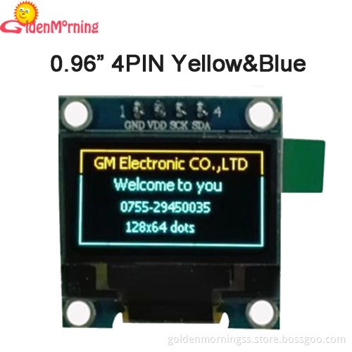 0.96" OLED display, 4P interface IIC i2c, 128*64 pixels, with yellow & blue colors